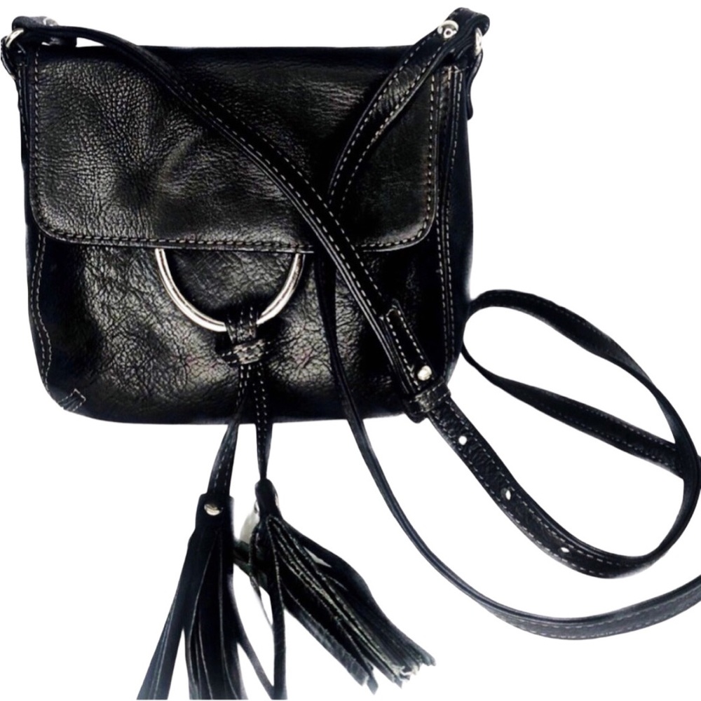 Alfani Womans Black 6” Leather Mini Cross Body Bag